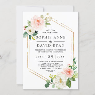 Invitation Aquarelle délicate rose blanc Floral Mariage or