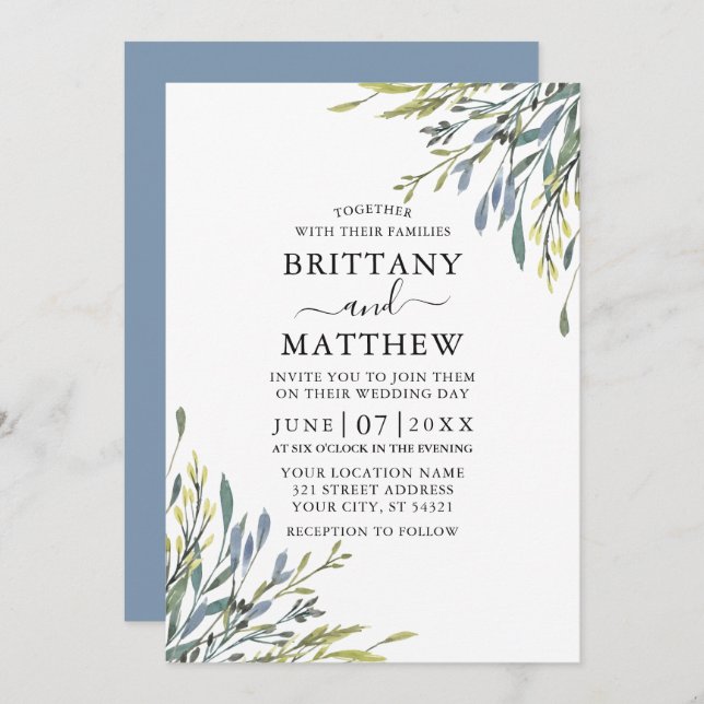 Invitation Aquarelle Delicate Verdure Mariage Dusty Blue (Devant / Derrière)