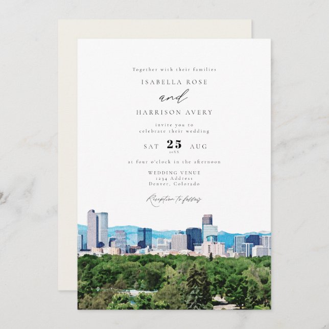 Invitation Aquarelle Denver Colorado Skyline Mariage (Devant / Derrière)