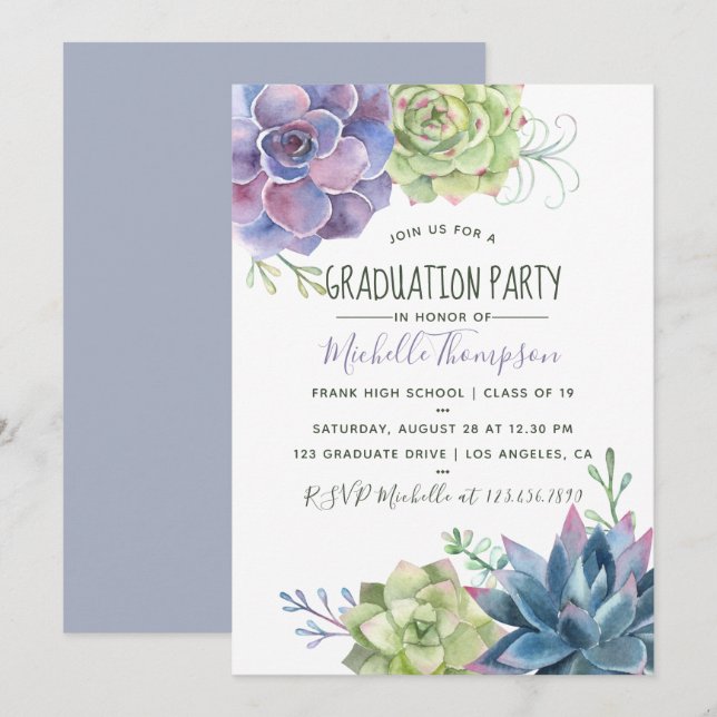 Invitation Aquarelle Désert Cactus Succulentes Remise de dipl (Devant / Derrière)