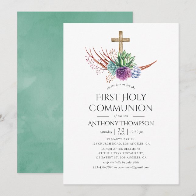 Invitation Aquarelle Désert Succulent Première Communion Sain (Devant / Derrière)
