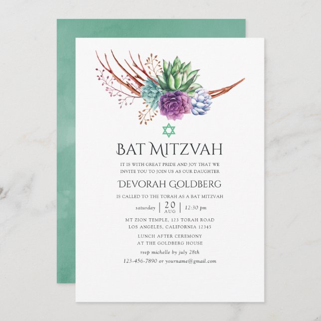 Invitation Aquarelle Desert Succulents Bat mitzvah (Devant / Derrière)