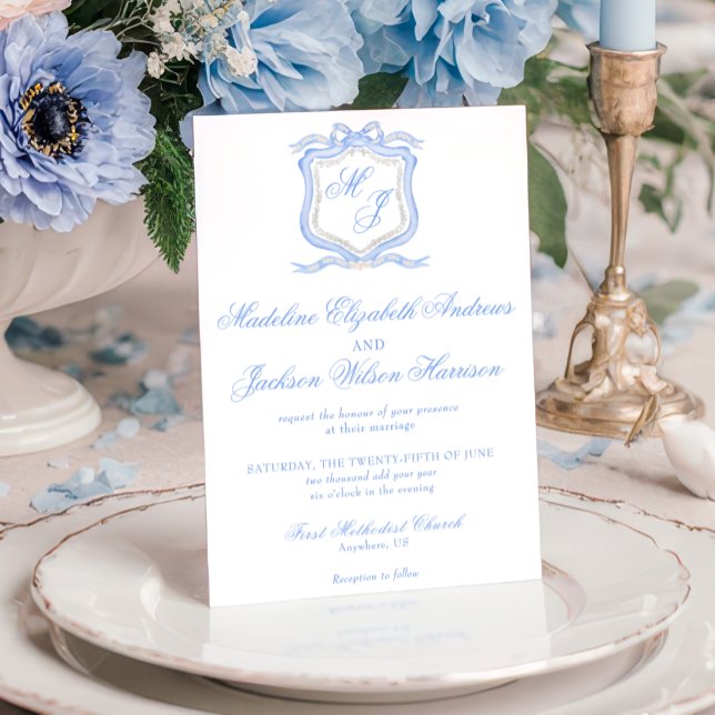 Invitation Aquarelle Designer Blue Monogram Crest Mariage (Créateur téléchargé)