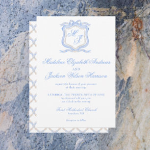 Invitation Aquarelle Designer Blue Monogram Crest Mariage