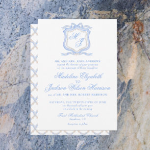Invitation Aquarelle Designer Blue Monogram Crest Mariage