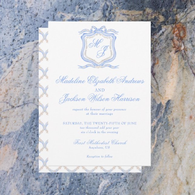 Invitation Aquarelle Designer Blue Monogram Crest Mariage (Créateur téléchargé)