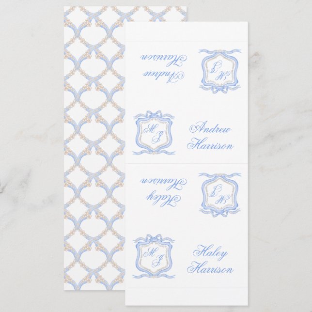 Invitation Aquarelle Designer Blue Monogramme Crest do-it-you (Devant / Derrière)