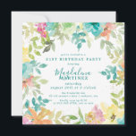 Invitation Aquarelle d'été Carré floral 21e anniversaire<br><div class="desc">Nouveau pour l'été 2024. L'aquarelle florale d'été moderne et colorée présente des fleurs rose, bleu turquoise, jaune et orange. Ils forment un cadre botanique, boho chic et rustique autour des détails de votre fête d'anniversaire. Cet article fait partie de la collection Summer Watercolor Floral. Il contient des modèles d'invitation professionnels,...</div>