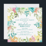 Invitation Aquarelle d'été Carré floral 21e anniversaire<br><div class="desc">Nouveau pour l'été 2024. L'aquarelle florale d'été moderne et colorée présente des fleurs rose, bleu turquoise, jaune et orange. Ils forment un cadre botanique, boho chic et rustique autour des détails de votre fête d'anniversaire. Cet article fait partie de la collection Summer Watercolor Floral. Il contient des modèles d'invitation professionnels,...</div>