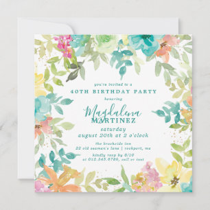 Invitation Aquarelle d'été Carré Floral 40e anniversaire