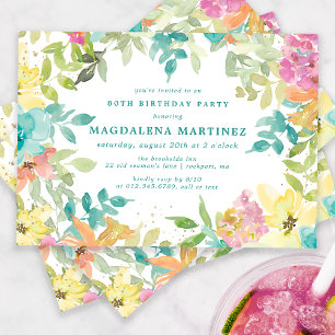 Invitation Aquarelle d'été Floral 80e fête d'anniversaire