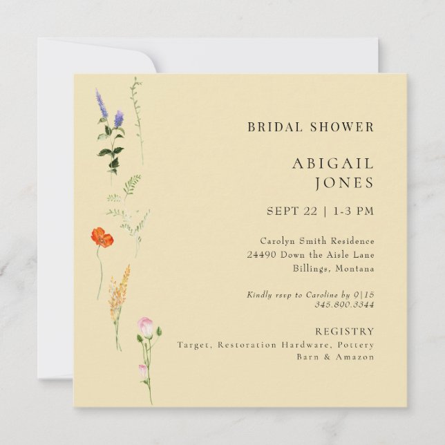 Invitation Aquarelle d'été Floral Jaune Fête des mariées (Devant)