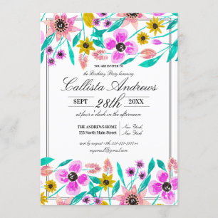 Invitation Aquarelle d'été rose jaune floral