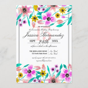 Invitation Aquarelle d'été rose jaune Floral Quinceañera