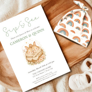 Invitation Aquarelle Deux Lapins Printemps Jumelles Boivent e