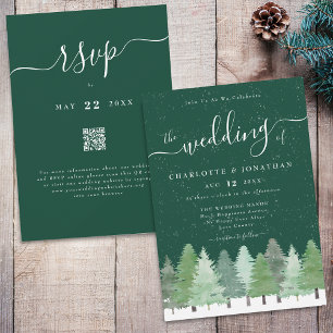 Invitation Aquarelle d'hiver Bois Vert Mariage QR Code