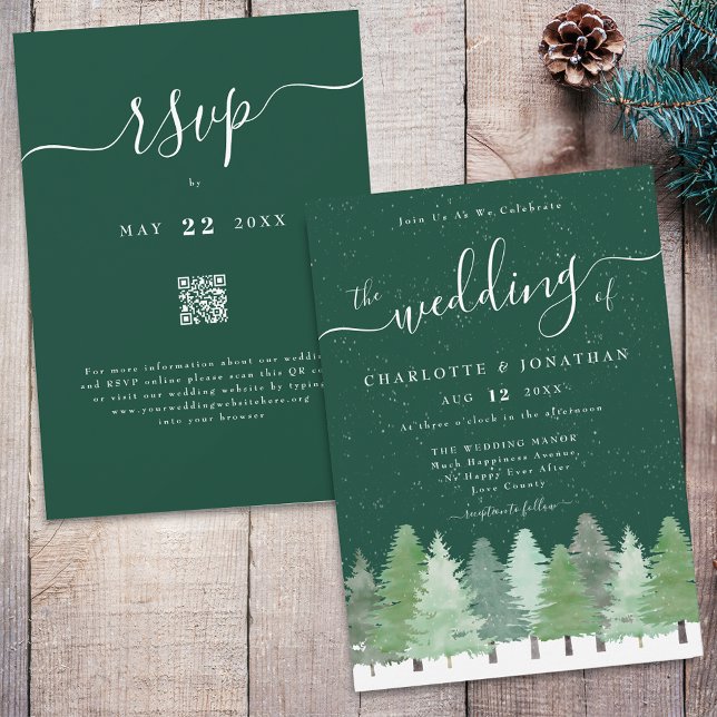 Invitation Aquarelle d'hiver Bois Vert Mariage QR Code (Winter Woodland forest watercolor dark green and white wedding qr code invitation elegant script )