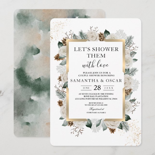 Invitation Aquarelle d'hiver Fleurs blanches et cadre de pin (Devant / Derrière)