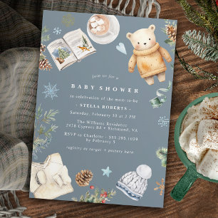 Invitation Aquarelle d'hiver Moderne Baby shower bleu neutre