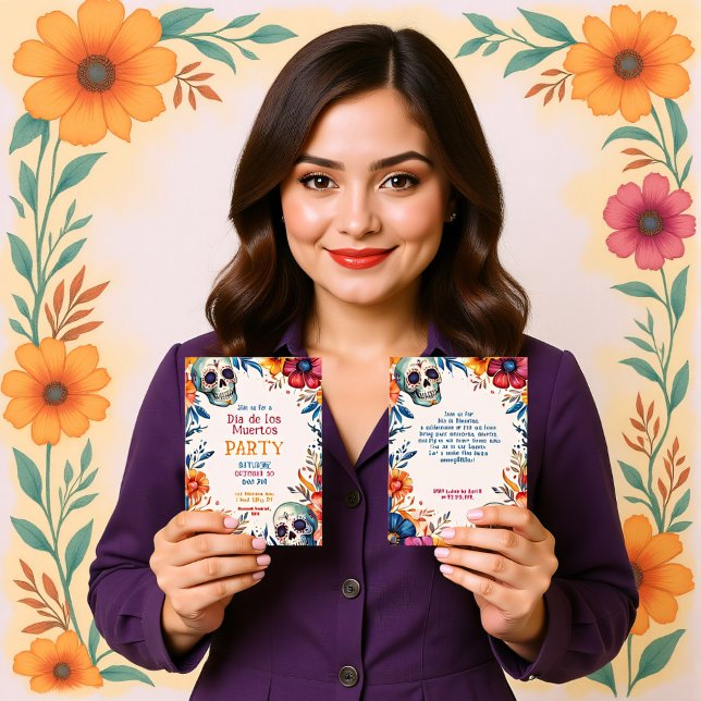 Invitation 💀 Aquarelle Día de Muertos (Watercolor Día de Muertos Party Invitation, customizable on both sides. printed or digital)