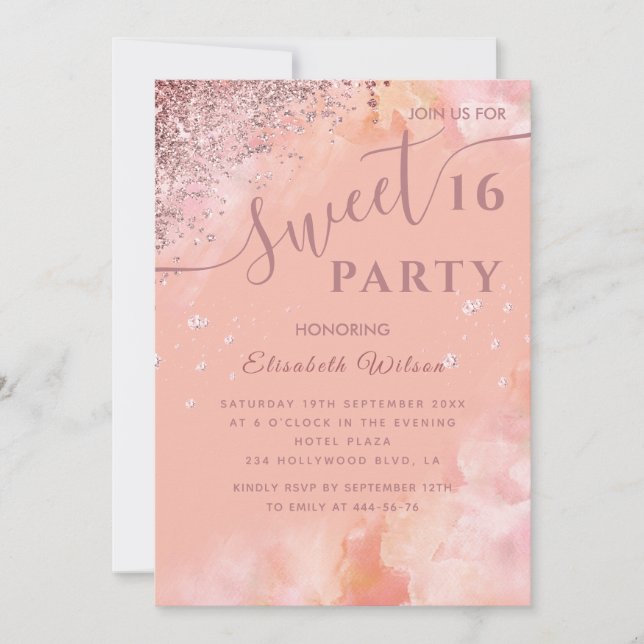 Invitation Aquarelle diamant bleu luxe rose or doux 16 (Devant)