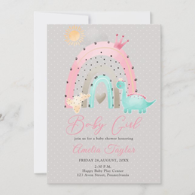 Invitation Aquarelle Dinosaur Baby Girl Dino baby shower (Devant)