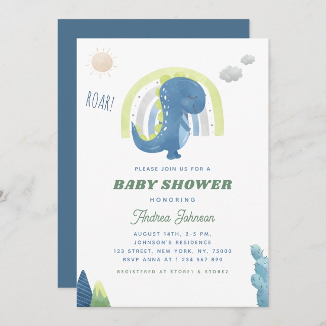 Invitation Aquarelle Dinosaur & Baby shower bleu arc-en-ciel (Devant / Derrière)
