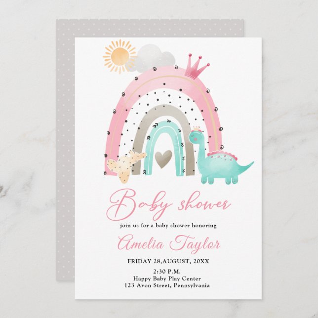 Invitation Aquarelle Dinosaur bébé fille Dino baby shower dan (Devant / Derrière)