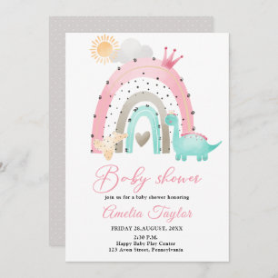 Invitation Aquarelle Dinosaur bébé fille Dino baby shower dan