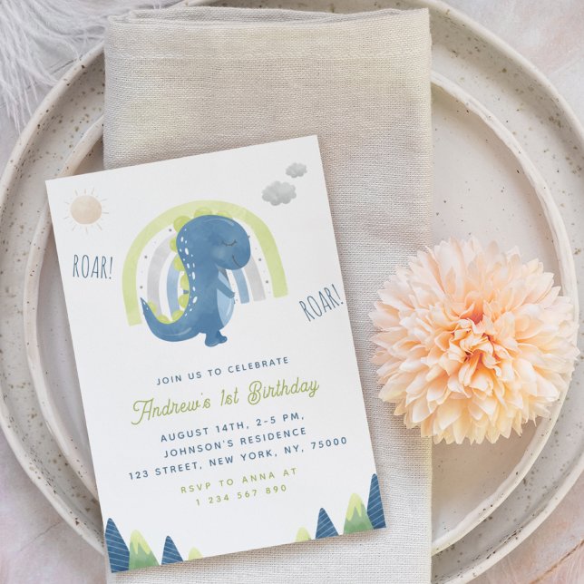 Invitation Aquarelle Dinosaur & Rainbow Blue 1er anniversaire (Créateur téléchargé)