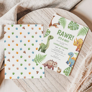 Invitation Aquarelle Dinosaur Rawr Son Baby shower Garçon