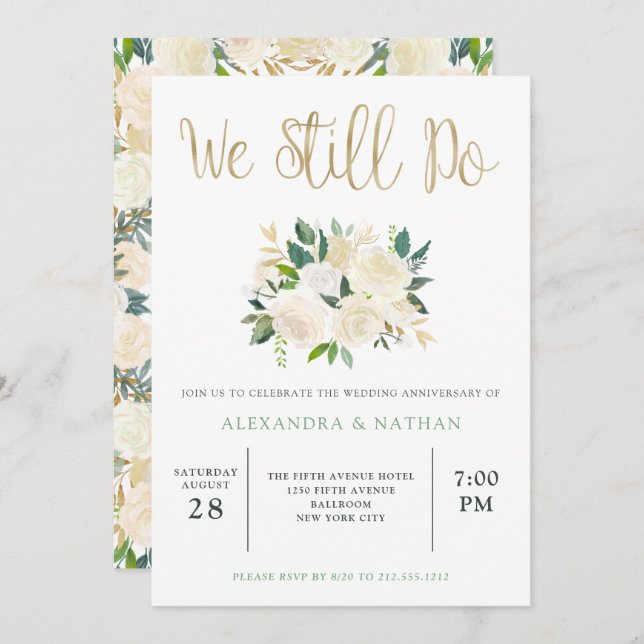 Invitation Aquarelle d'ivoire Floral | Anniversaire du Mariag (Devant / Derrière)