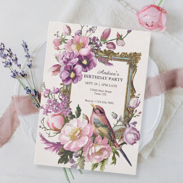 Invitation Aquarelle d'oiseau rose floral (Créateur téléchargé)
