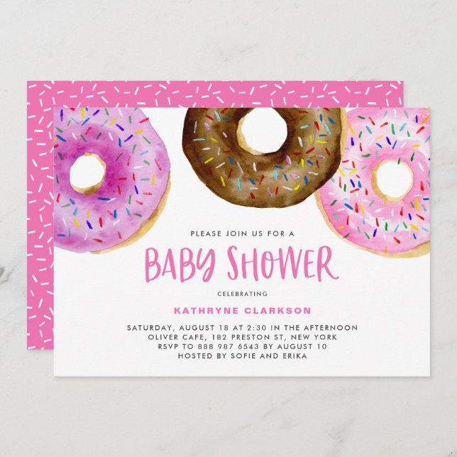 Invitation Aquarelle Donuts avec arrosage Baby shower fille (Devant / Derrière)