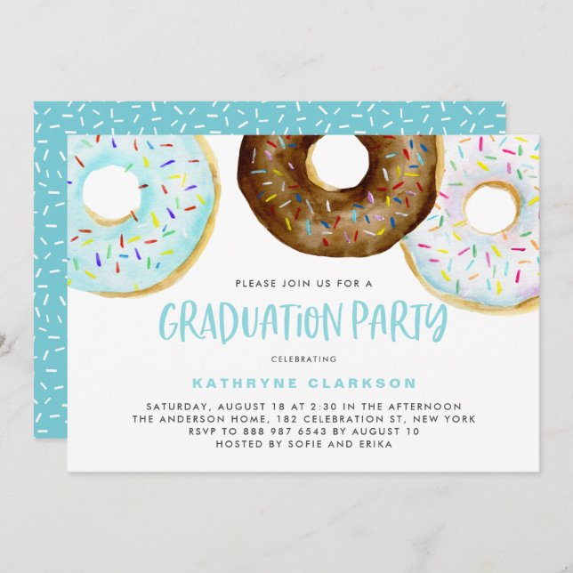 Invitation Aquarelle Donuts avec Sprinkles Graduation Party (Devant / Derrière)