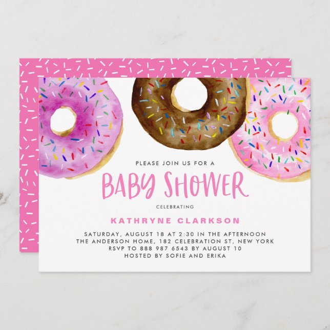 Invitation Aquarelle Donuts C'est une fille Baby Sprinkle Dou (Devant / Derrière)