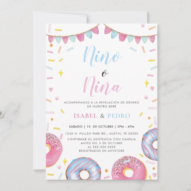 Invitation Aquarelle Donuts & Confetti Spanish Gender Revela (Devant)