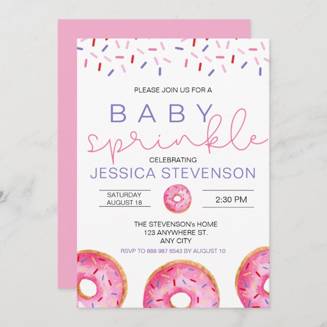 Invitation Aquarelle Donuts fille bébé Sprinkle Douche (Devant / Derrière)
