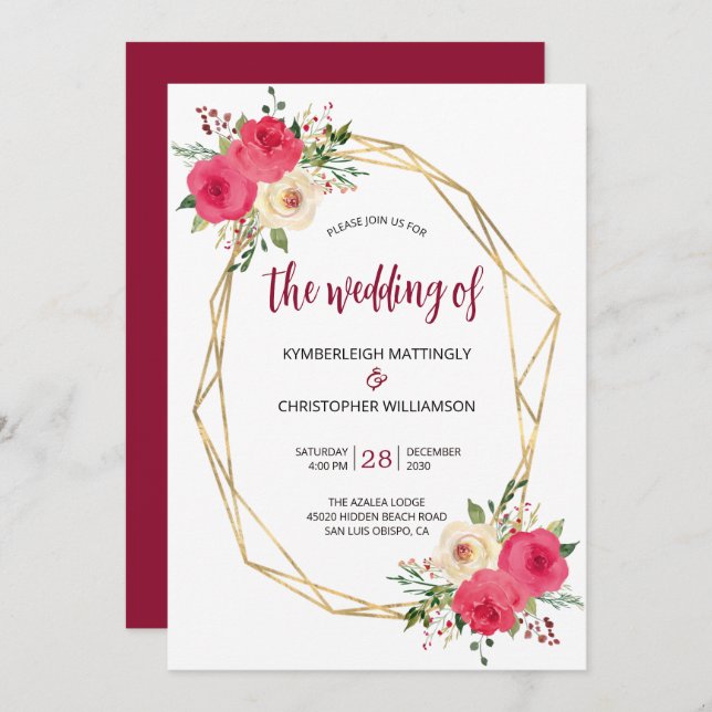 Invitation Aquarelle d'or bordeaux géométrique Mariage floral (Devant / Derrière)