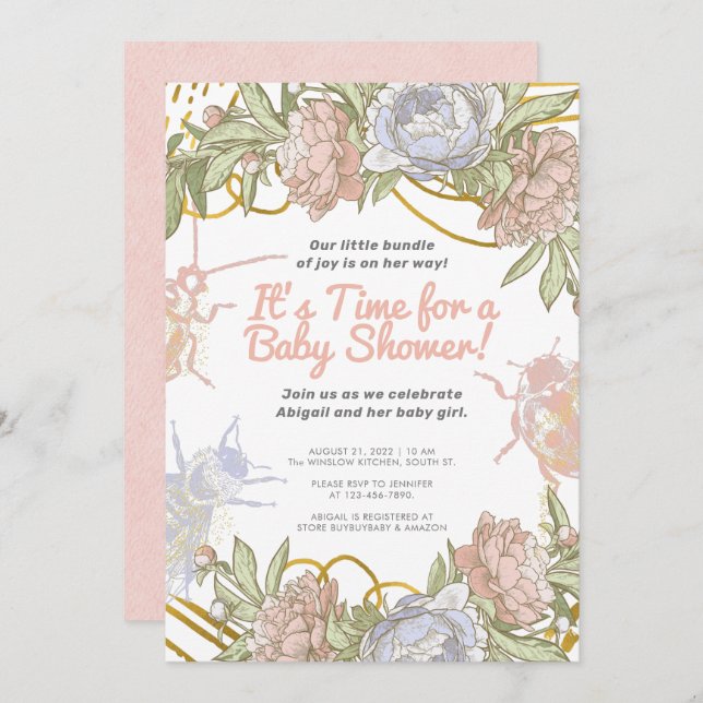 Invitation Aquarelle d'or Floral & Baby shower de filles vert (Devant / Derrière)