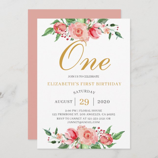 Invitation Aquarelle d'or rose rose flou moderne (Devant / Derrière)