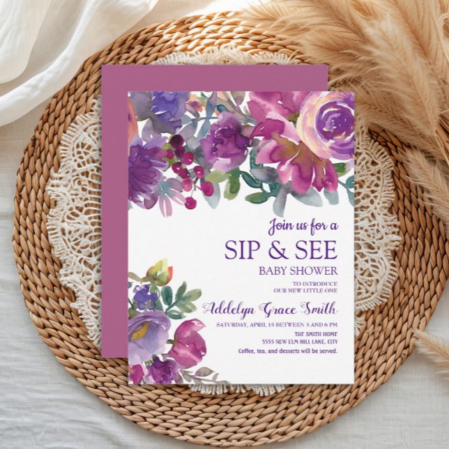 Invitation Aquarelle d'or violet Sip floral Voir Baby shower (Purple watercolor floral Sip and See Baby Shower invitation)