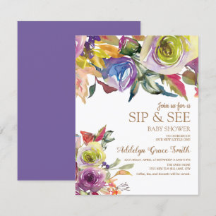 Invitation Aquarelle d'or violet Sip floral Voir Baby shower