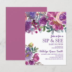 Invitation Aquarelle d'or violet Sip floral Voir Baby shower