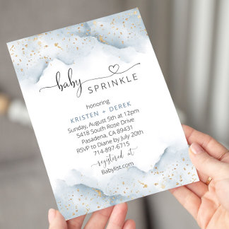 Invitation Aquarelle dorée et bleu poussiéreux Bébé
