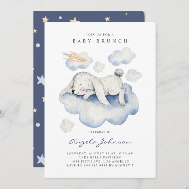 Invitation Aquarelle dormant bébé lapin Baby Brunch bébé (Devant / Derrière)