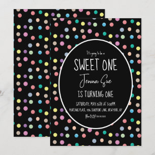 Invitation Aquarelle Dots Premier anniversaire fête Noir