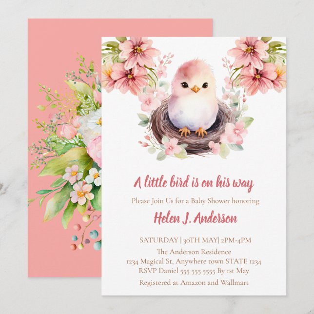 Invitation Aquarelle douce aux oiseaux Baby shower rose (Devant / Derrière)