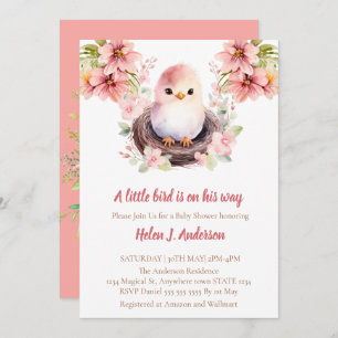 Invitation Aquarelle douce aux oiseaux Baby shower rose