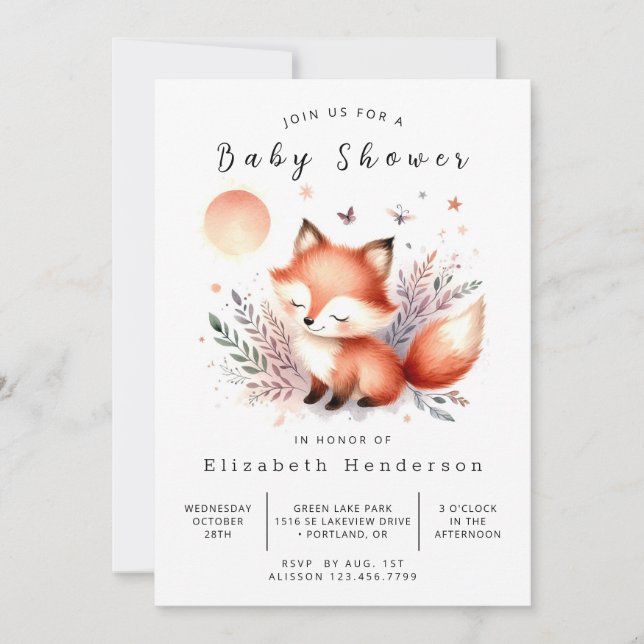 Invitation Aquarelle douce Baby shower animal Fox (Devant)